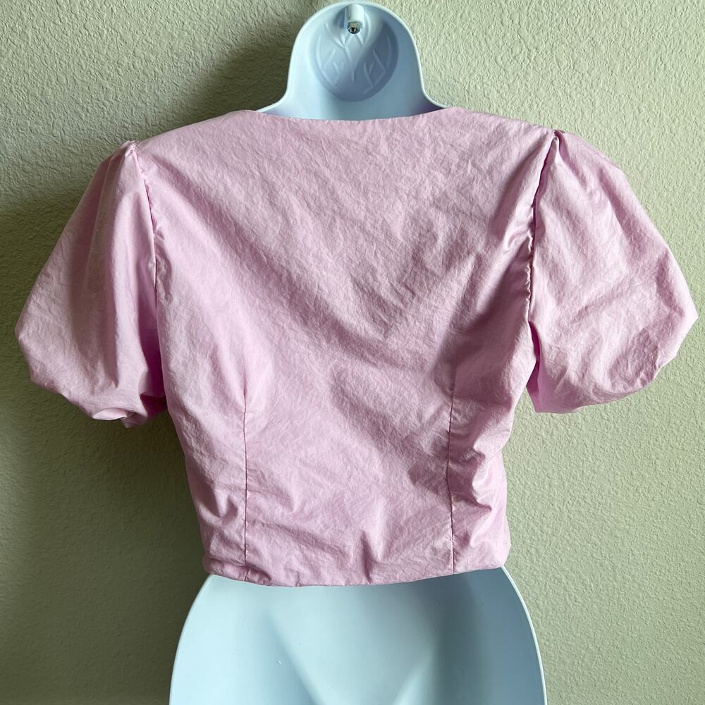 Skies Are Blue Pink Poplin Bubble Sleeve Crop Top Women's S Cotton Fitted - Picture 3 of 5